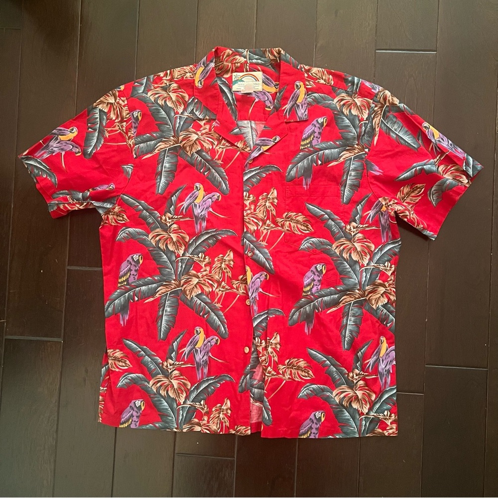 Paradise Found Shirt Mens XL Jungle Bird Red Hawaiian Parrot Magnum PI EUC